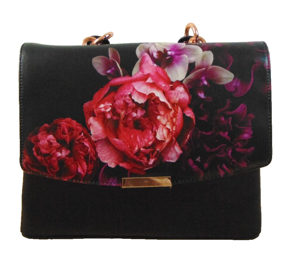 Ted Baker London Womens Flap Handbag Black Floral Peony Rose Gold Crossbody NWT